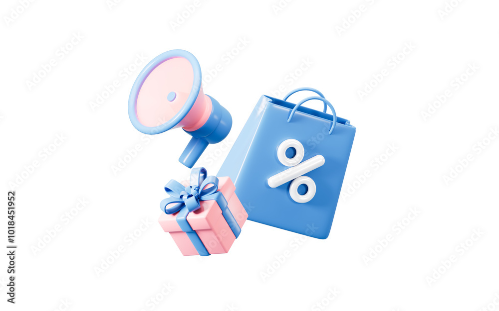 Shopping bag with discount percent sign, loudspeaker and gifts, marketing discount promotion concept, 3d rendering. Shopping bag with discount percent sign, loudspeaker and gifts, marketing discount promotion concept, 3d rendering.