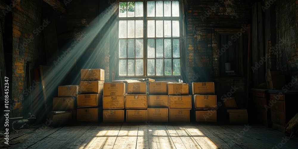 Sunlight streams through a dusty window illuminating a stack of cardboard boxes in a derelict warehouse. Sunlight streams through a dusty window illuminating a stack of cardboard boxes in a derelict warehouse.