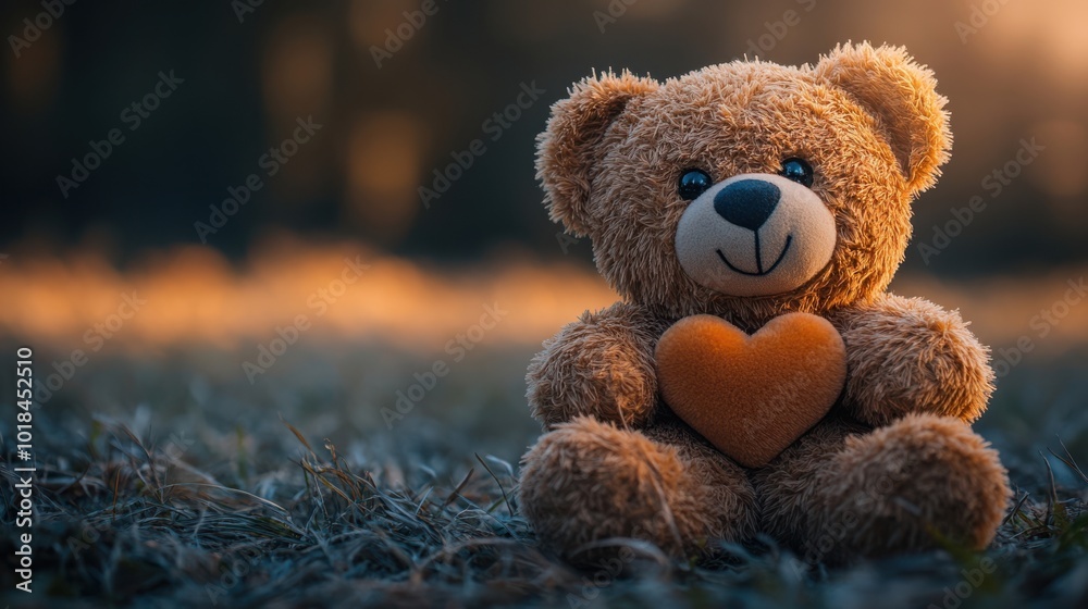 A plush teddy bear, with a soft brown fur, sits in a field of tall grass, holding a heart-shaped plush toy. The setting sun casts a warm glow on the scene, creating a sense of serenity and love. A plush teddy bear, with a soft brown fur, sits in a field of tall grass, holding a heart-shaped plush toy. The setting sun casts a warm glow on the scene, creating a sense of serenity and love.