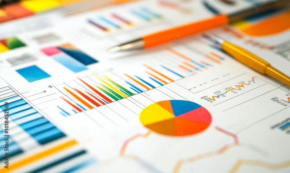 Colorful charts, graphs, and pens on a white table. Colorful charts, graphs, and pens on a white table.