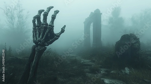 A creepy skeleton hand reaching out from a foggy graveyard