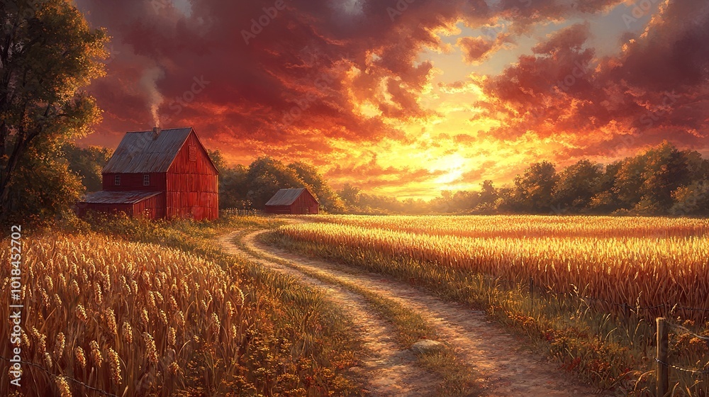 Golden Sunset Over a Wheat Field with a Red Barn Golden Sunset Over a Wheat Field with a Red Barn
