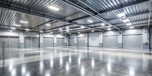 Interior of empty garage with metallic floor and bright lighting, garage, empty, interior, metallic surface, floor