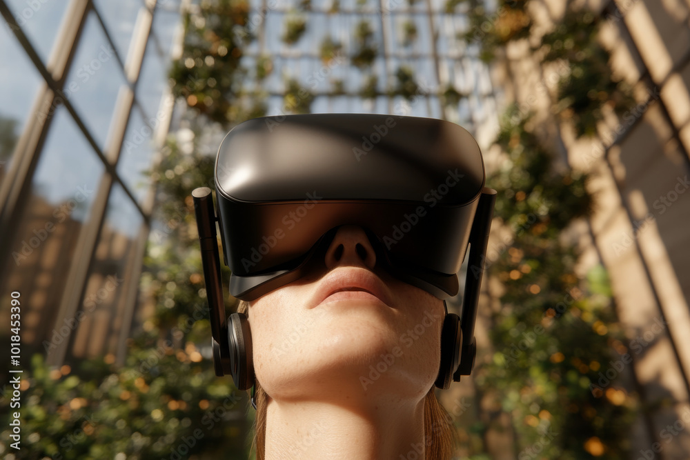 Immersed in virtual world, woman experiences latest VR technology, surrounded by lush greenery in modern setting. blend of nature and innovation creates captivating atmosphere Immersed in virtual world, woman experiences latest VR technology, surrounded by lush greenery in modern setting. blend of nature and innovation creates captivating atmosphere