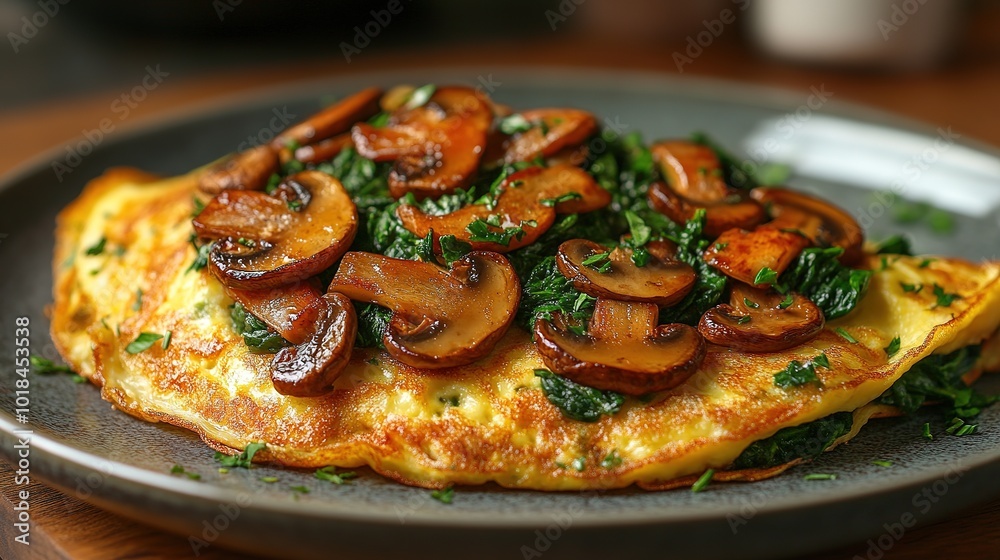Fresh homemade omelette with mushrooms, feta cheese and herbs. A healthy protein breakfast with mushrooms and spinach