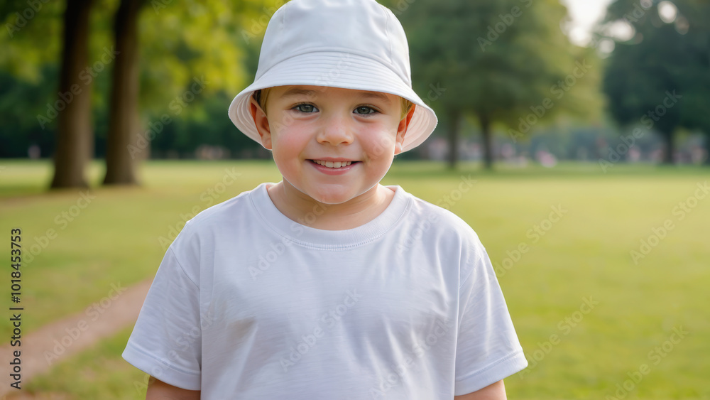 Little boy wearing white t-shirt and white bucket hat standing in the park