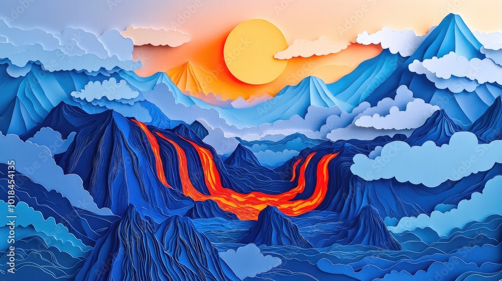 Aerial perspective of lava cascading down a mountain ridge showcasing a river of molten rock flowing from volcanic craters Aerial perspective of lava cascading down a mountain ridge showcasing a river of molten rock flowing from volcanic craters