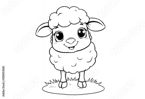 Cute Cartoon Sheep Illustration Black and White Coloring Page