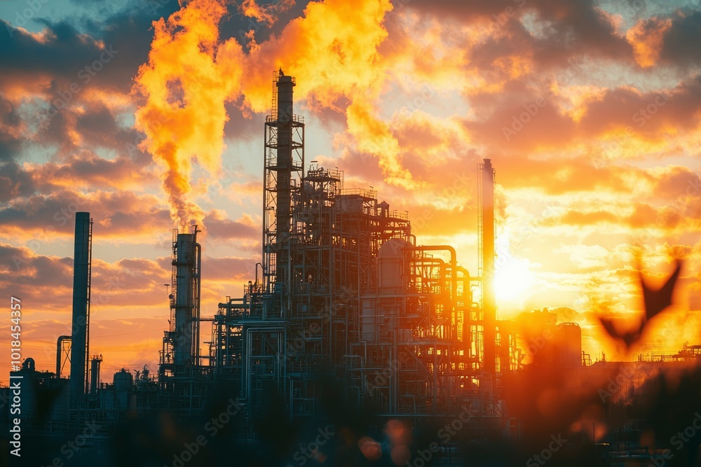 Industrial Plant Silhouette at Sunset with Smoke and Golden Clouds Industrial Plant Silhouette at Sunset with Smoke and Golden Clouds