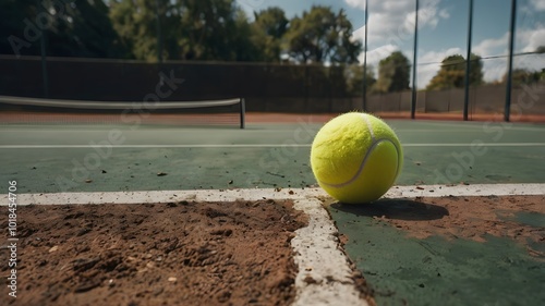 Close up of yellow tennis ball on green court with natural light and shadows photo