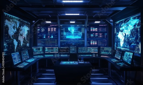 Futuristic control room with glowing screens.