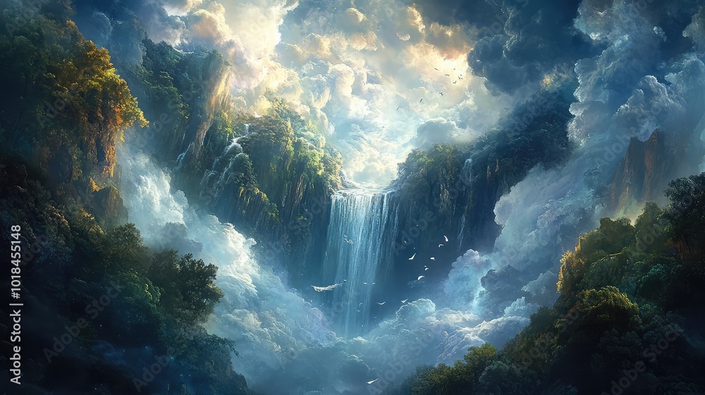 Gravity-shifted waterfall flows upward into the sky, mist and vapor swirling around as the water defies all logic in a mesmerizing display. Gravity-shifted waterfall flows upward into the sky, mist and vapor swirling around as the water defies all logic in a mesmerizing display.