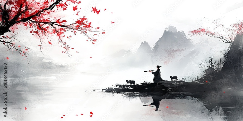 Fototapeta premium An abstract pastoral landscape depicting a serene summer countryside scene with a shepherd playing a flute, cows and sheep grazing leisurely, and rolling mountains in the distance. This AI-generated 
