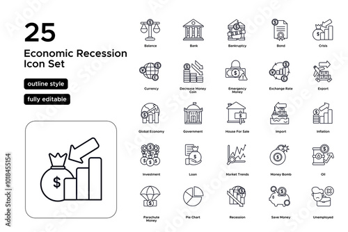 Economic Recession Line Icon Set: Shrinking GDP, Recession Indicators, and Prolonged Economic Downturn Icons