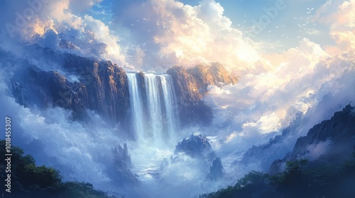 Gravity-shifted waterfall flows upward into the sky, mist and vapor swirling around as the water defies all logic in a mesmerizing display.