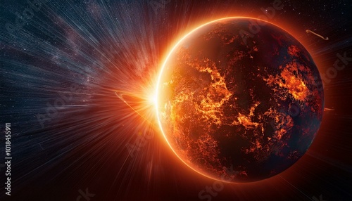 A red glowing planet engulf in flame with the ozone layer flaring and burning; a destruction of a planet in the outer space; a planet destruction and explosion from the outer space; apocalyptic scene photo