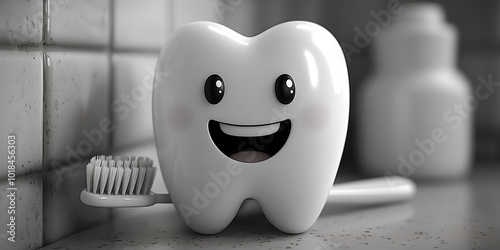 Cheerful Tooth Character with Toothbrush and Smile