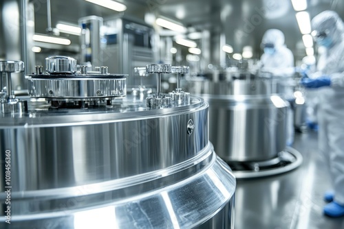 Close-up of a stainless steel mixing tank in a sterile pharmaceutical manufacturing facility