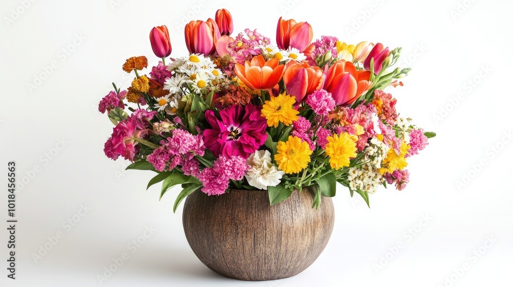 Fototapeta premium Colorful mixed bouquet with tulips, daisies, and carnations in a rustic wooden vase on a plain white background.