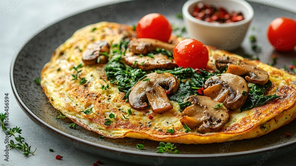 Fresh homemade omelette with mushrooms, feta cheese and herbs. A healthy protein breakfast with mushrooms and spinach Fresh homemade omelette with mushrooms, feta cheese and herbs. A healthy protein breakfast with mushrooms and spinach