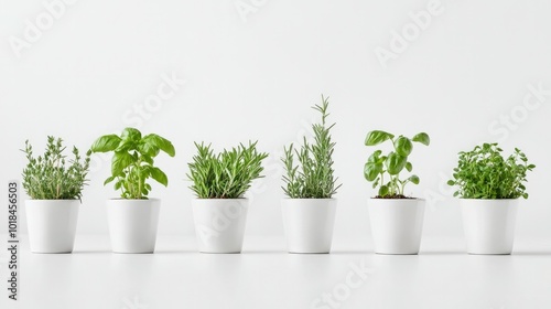 Collection of small herb plants in white ceramic pots, including rosemary, basil, and thyme, on a pristine white background.