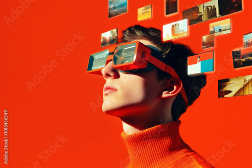 A young man wearing futuristic glasses stands against vibrant orange background, surrounded by colorful photographs. scene evokes sense of creativity and exploration