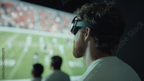 Immersive virtual reality experience with man wearing VR goggles, focused on sports game displayed on large screen. atmosphere is engaging and futuristic
