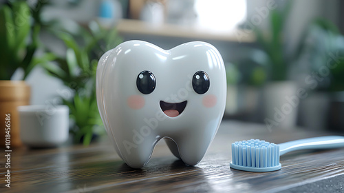 Happy Cartoon Tooth with Toothbrush in a Bright Setting