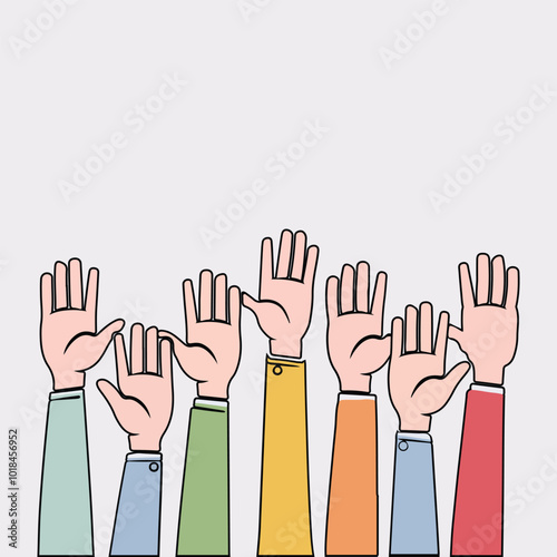Set of people raised hands, open hands up of different types colors, diversity people multiethnic race and community concept, Teamwork, collaboration, voting, volunteering concert, protest.Flat style 