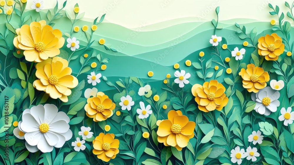 Aerial view of ornamental plants featuring yellow and white blossoms Aerial perspective of decorative flora with yellow and white flowers