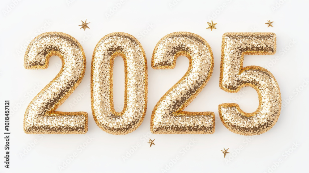 Celebrate upcoming year with sparkling golden numbers representing 2025, surrounded by festive stars, perfect for New Years decorations and celebrations