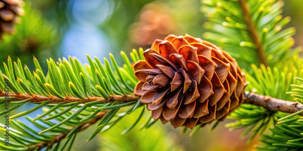 Close-up of Douglas fir cone on Oregon pine branch, Douglas fir, Pseudotsuga menziesii, cone, Oregon pine, tree branch, close-up Close-up of Douglas fir cone on Oregon pine branch, Douglas fir, Pseudotsuga menziesii, cone, Oregon pine, tree branch, close-up