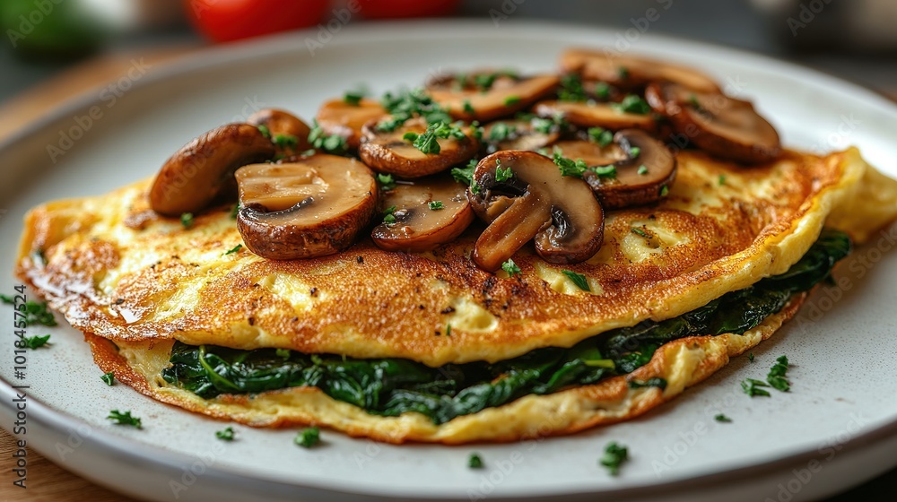 Fresh homemade omelette with mushrooms, feta cheese and herbs. A healthy protein breakfast with mushrooms and spinach Fresh homemade omelette with mushrooms, feta cheese and herbs. A healthy protein breakfast with mushrooms and spinach