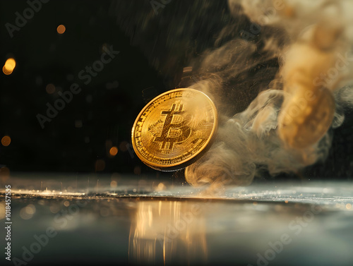 Golden Bitcoin Coin in Motion with Smoke Effect