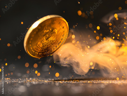 Glimmering Coin in Motion with Sparkles and Smoke
