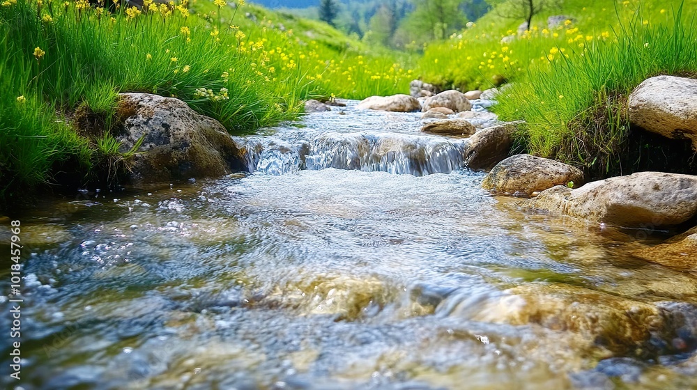 A clear mountain stream, flowing over smooth rocks, surrounded by vibrant greenery, symbolizing purity and nature A clear mountain stream, flowing over smooth rocks, surrounded by vibrant greenery, symbolizing purity and nature