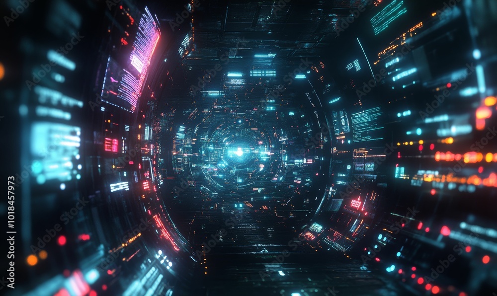 Fototapeta premium Futuristic digital tunnel with glowing lights.