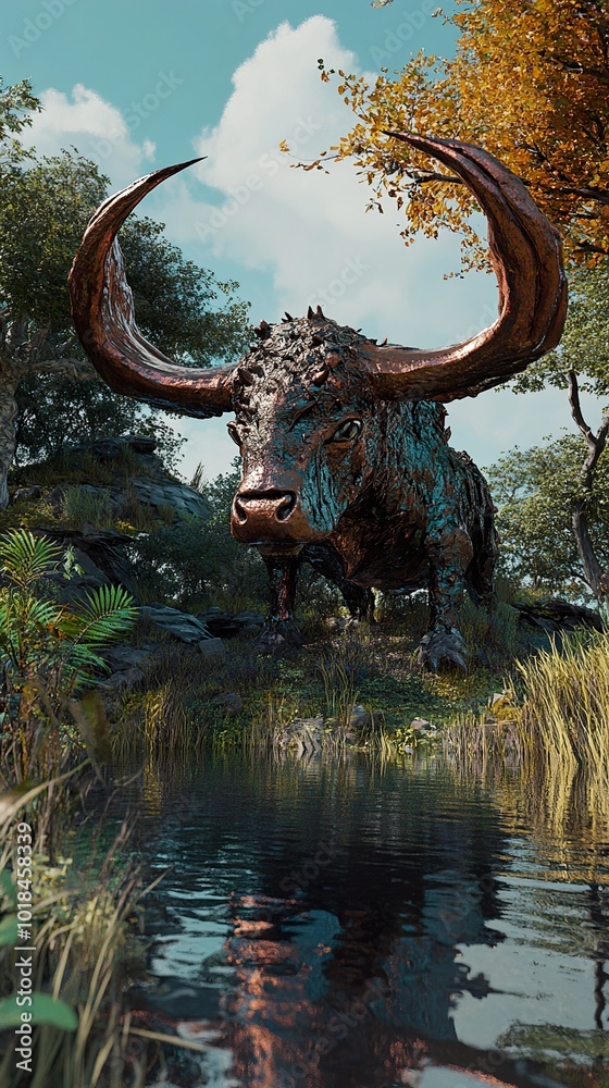 Bronze Bull Statue in a Forest Setting Bronze Bull Statue in a Forest Setting