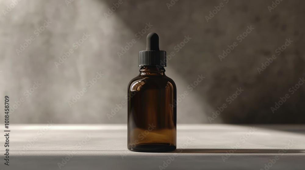 Amber glass bottle with dropper on a white table. Amber glass bottle with dropper on a white table.