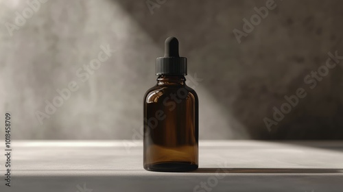 Amber glass bottle with dropper on a white table.