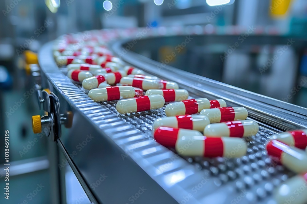 Red and White Pills Moving on a Conveyor Belt in a Pharmaceutical Factory Red and White Pills Moving on a Conveyor Belt in a Pharmaceutical Factory