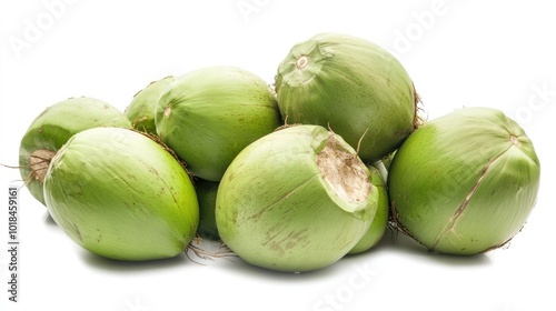 Freshly picked green coconuts, arranged in a bunch, showing vibrant colors on a plain white background.