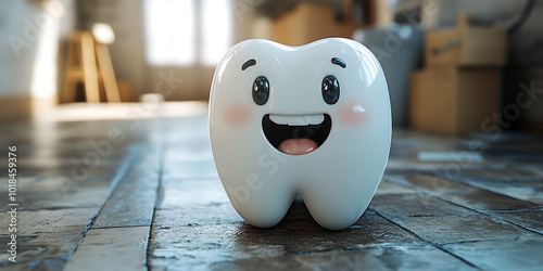 Happy Cartoon Tooth Character on Floor