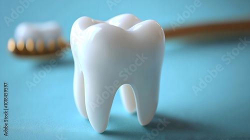 White Tooth Model on Blue Background with Toothbrush