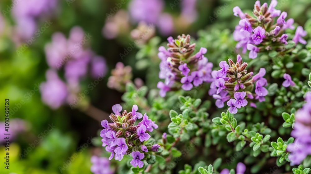 Close-Up of Delicate Purple Thyme Flowers in Bloom Close-Up of Delicate Purple Thyme Flowers in Bloom