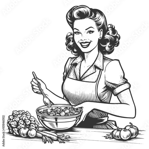 woman mixing a salad in the kitchen, surrounded by fresh vegetables, in classic retro fashion sketch engraving generative ai vector illustration. Scratch board imitation. Black and white image.