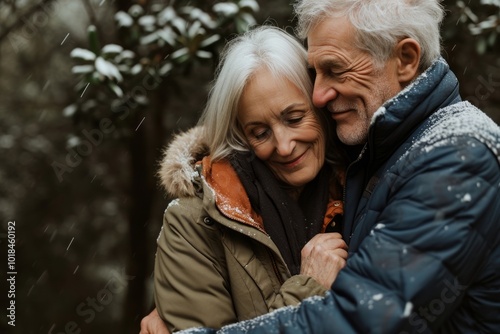 Portrait of a happy senior couple embracing in the park in winter