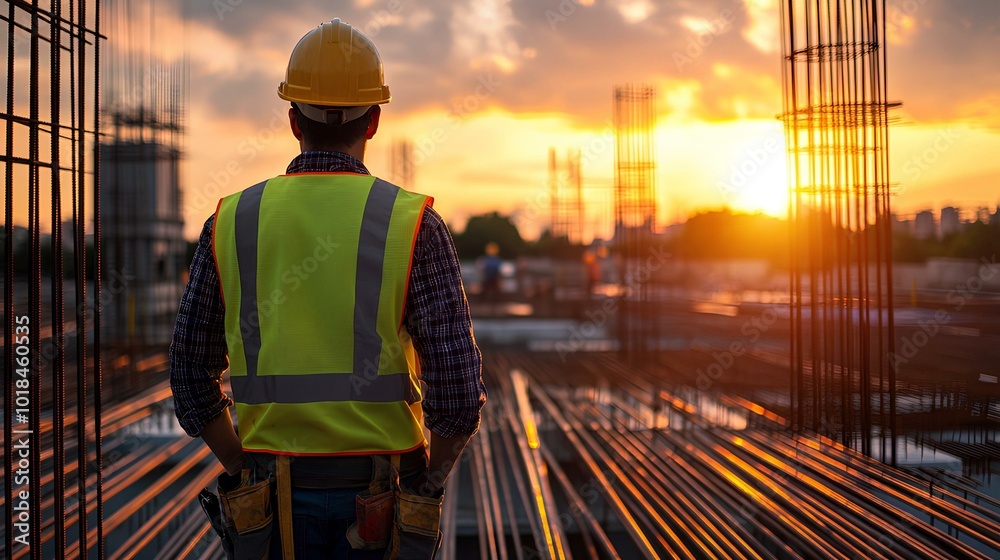 A construction worker in a safety vest and helmet observes a sunset over a construction site, symbolizing hard work and progress. A construction worker in a safety vest and helmet observes a sunset over a construction site, symbolizing hard work and progress.