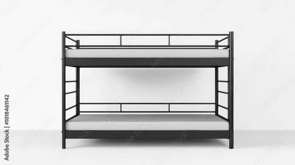 Modern metal bunk bed frame with safety rails on top bunk, simple and sleek design on a plain white background. Modern metal bunk bed frame with safety rails on top bunk, simple and sleek design on a plain white background.