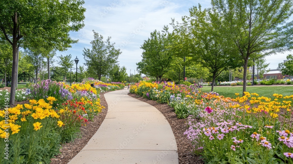 A park path lined with colorful flowers, inviting city residents to explore and enjoy the beauty of nature in their environment A park path lined with colorful flowers, inviting city residents to explore and enjoy the beauty of nature in their environment